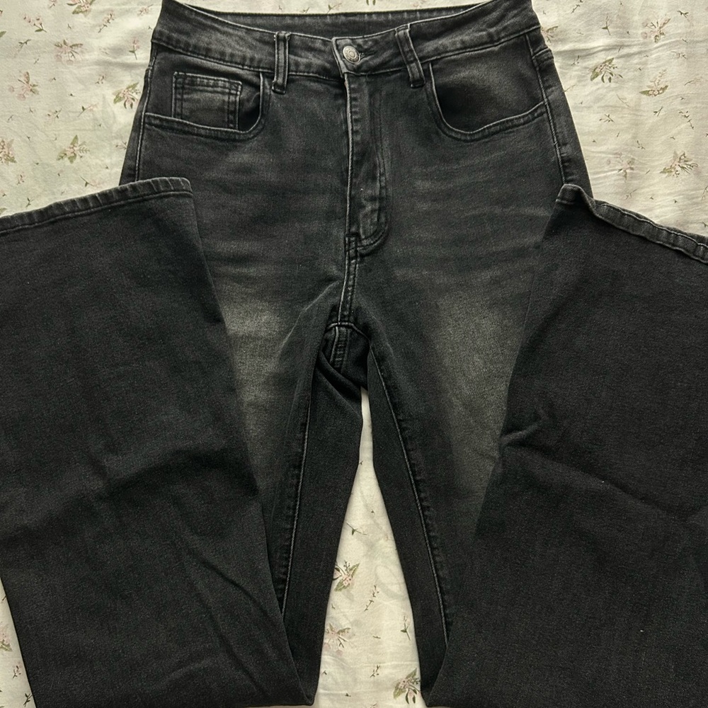 Black Flare Wide Leg Jeans with Subtle Fading